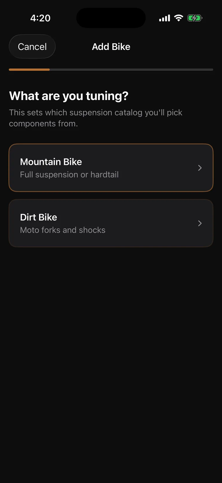 Tune Pro Add Bike screen choosing between the mountain bike and dirt bike suspension catalogs