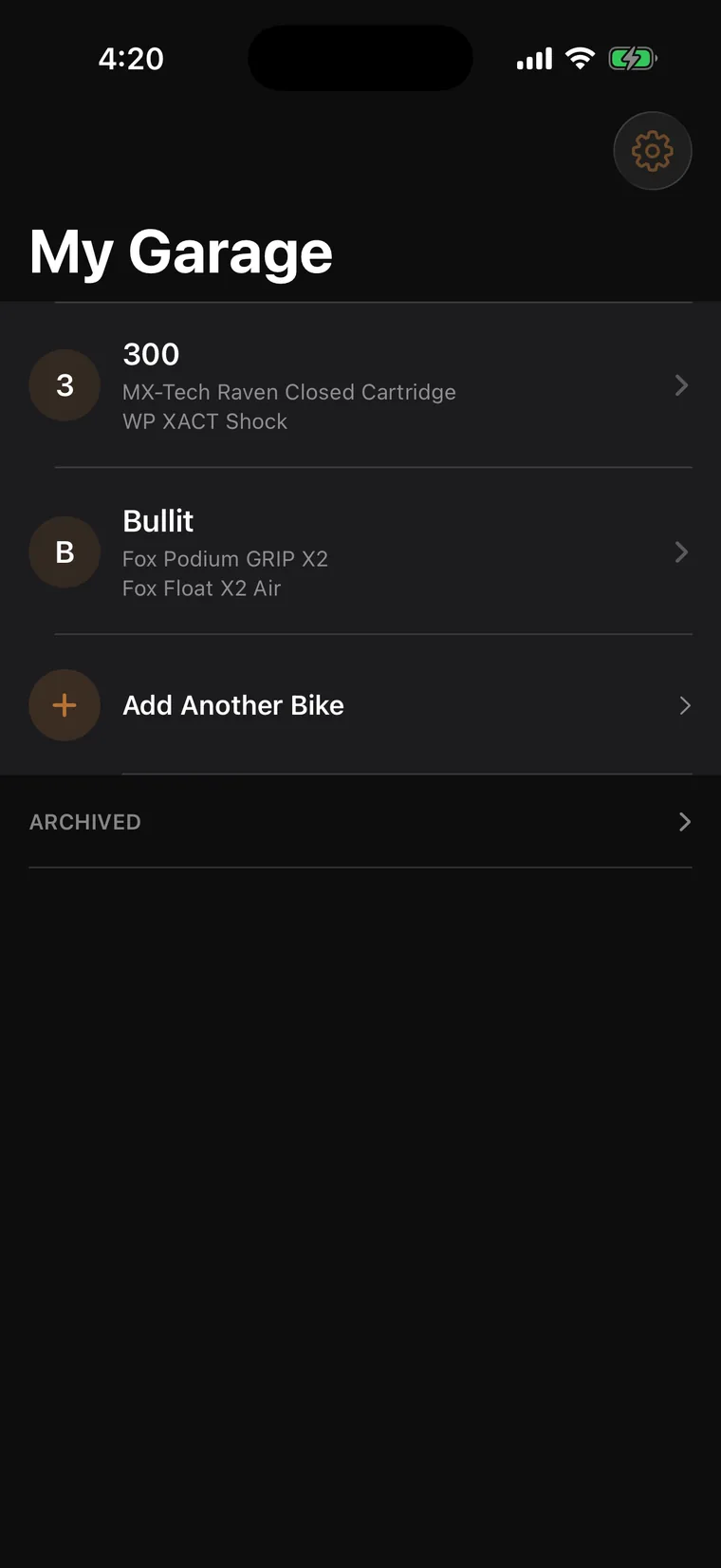 My Garage screen in Tune Pro listing a KTM 300 dirt bike and Santa Cruz Bullit with their forks and shocks