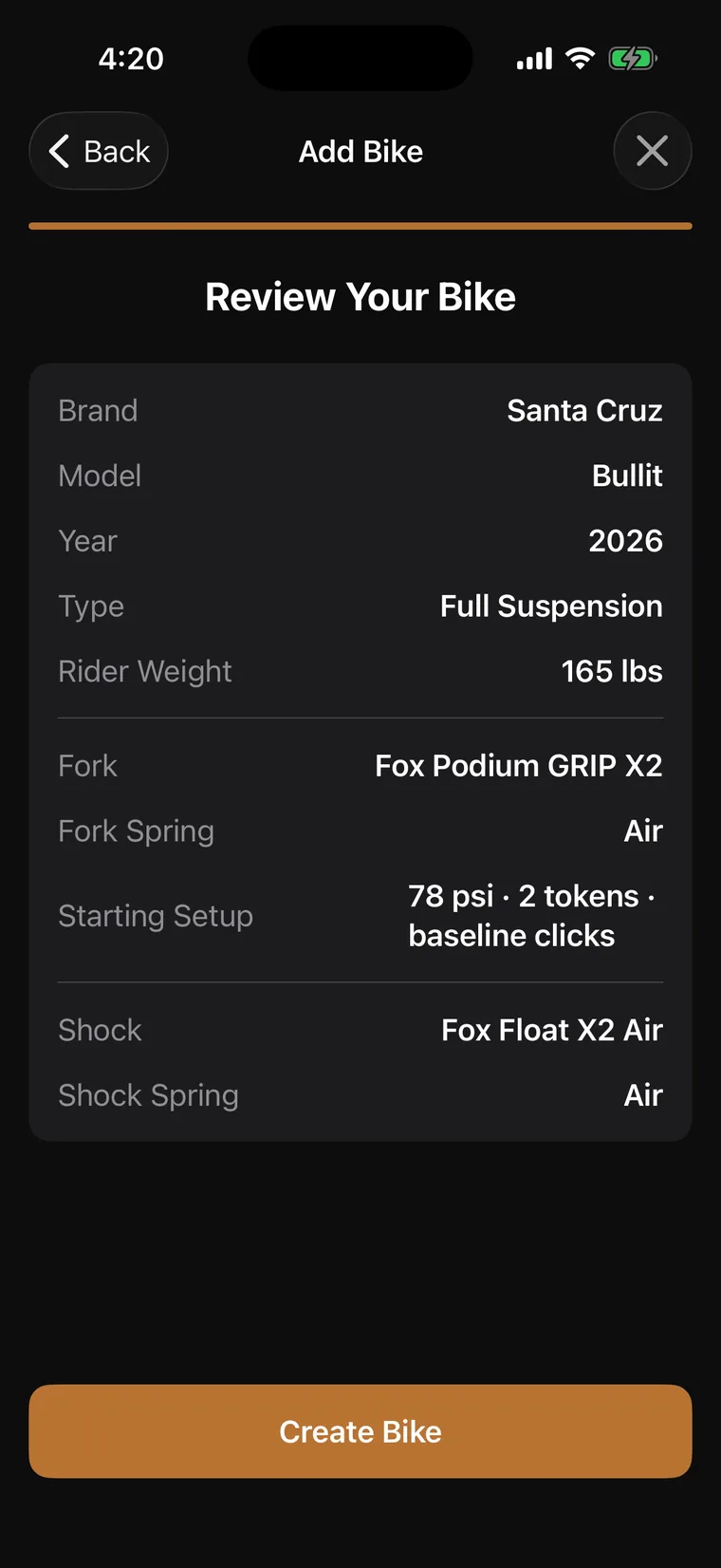Review Your Bike screen for a Santa Cruz Bullit with Fox Podium GRIP X2 fork, Float X2 shock, and a 78 psi starting setup