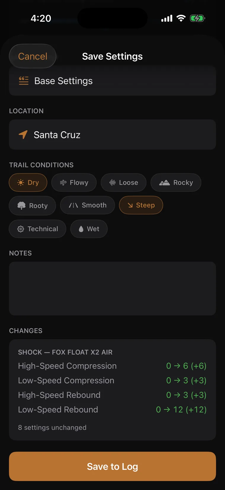 Save Settings screen logging suspension changes with location, trail conditions, and a click-by-click change list