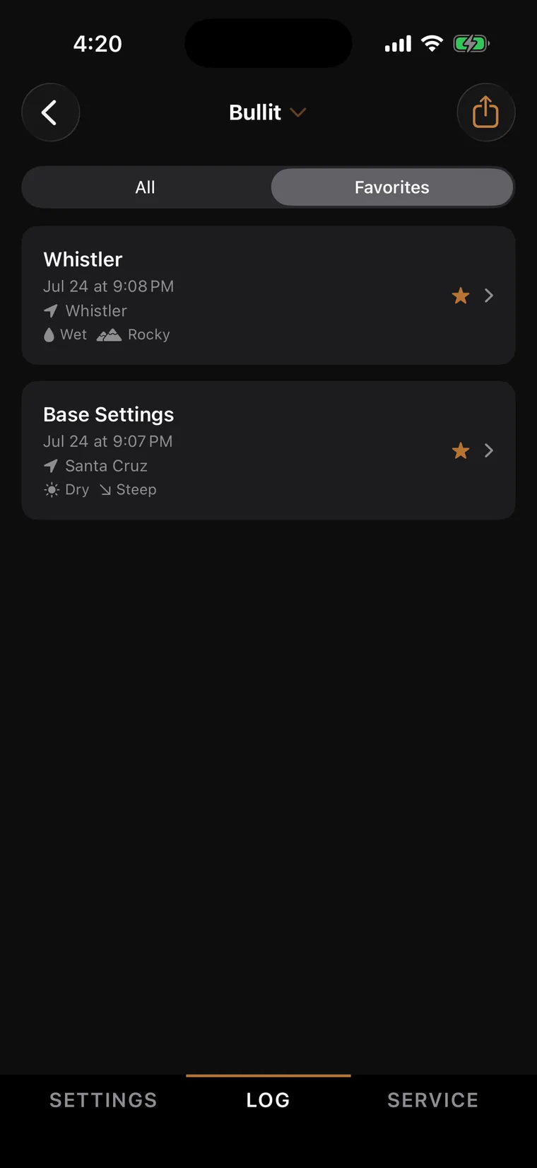 Favorite suspension setups in the Tune Pro log, with saved Whistler and Base Settings entries